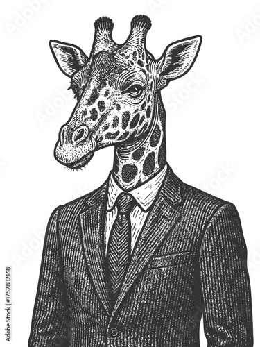 man in a suit with the head of a giraffe, sketch engraving generative ai fictional character vector illustration. Scratch board imitation. Black and white image.