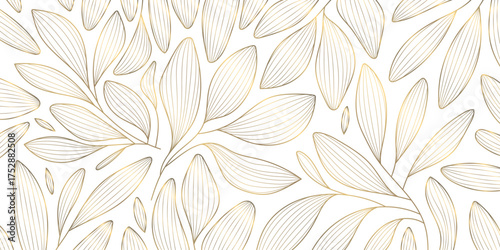Luxury botanical vector background with golden palm leaves, floral line art, elegant tropical pattern, modern Art Deco design. Summer wallpaper, spa card, wedding template