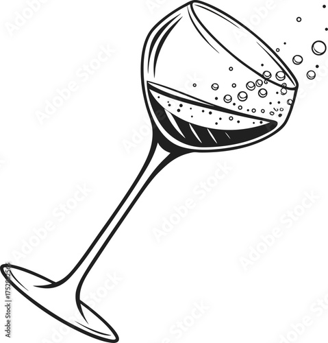 Elegant wine glass with reflective surface detail against dark expanse isolated on transparent background