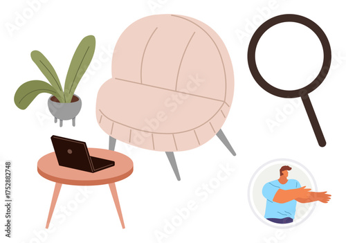 Armchair, coffee table, laptop, potted plant, magnifying glass, and person avatar placed together. Ideal for workspace, office setup, remote work focus creativity exploration and individuality