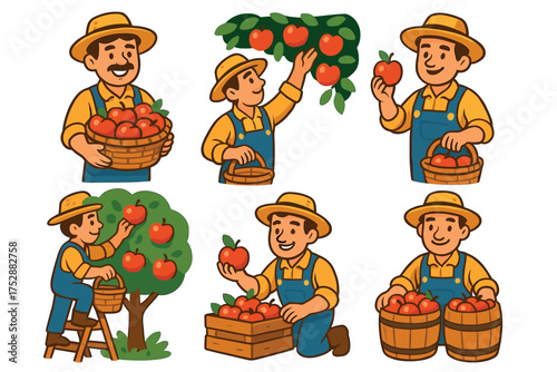 Apple picking season with cheerful farmers collecting fruit. Set of 6 Thanksgiving vector illustration
