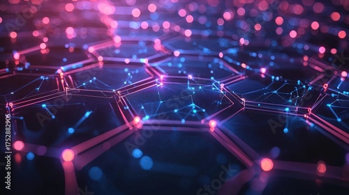 Abstract Hexagonal Network with Glowing Connections and Particles.
