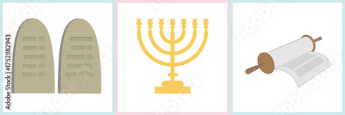 Bible-themed vector illustration for children featuring the Ten Commandments tablets, a menorah, and a scroll. Perfect for Christian education, Sunday school, or Bible study materials.