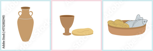 Bible-themed vector illustration for children featuring bread and wine, a jug, and loaves with fish. Perfect for Christian education, Sunday school lessons, and Bible story materials.
