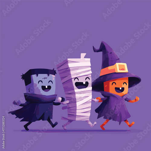 Cute Halloween cartoon characters walking together, fun modern art mascot illustration with Grim, Frankenstein, mummy, witch