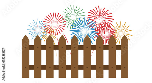 Festive Celebration Fireworks Bursting Over a Rustic Fence, Adding a Touch of Charm to the Sky