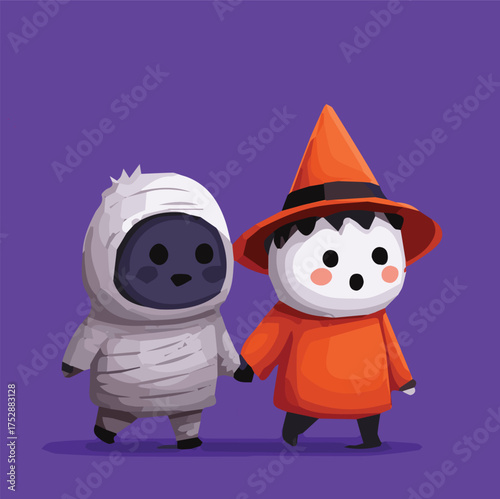 Cute Halloween cartoon characters walking together, fun modern art mascot illustration with Grim, Frankenstein, mummy, witch