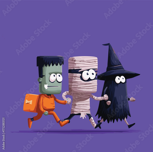 Cute Halloween cartoon characters walking together, fun modern art mascot illustration with Grim, Frankenstein, mummy, witch