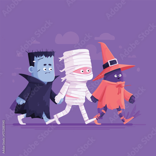 Cute Halloween cartoon characters walking together, fun modern art mascot illustration with Grim, Frankenstein, mummy, witch