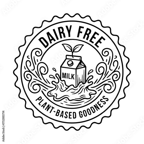 Dairy Free Plant Based Vegan Label Engraving Vector Illustration