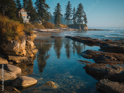 A peaceful coastal scene of...