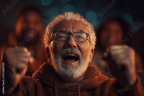 Elderly man celebrates winning lottery numbers on tv family gathering indoor setting joyful atmosphere