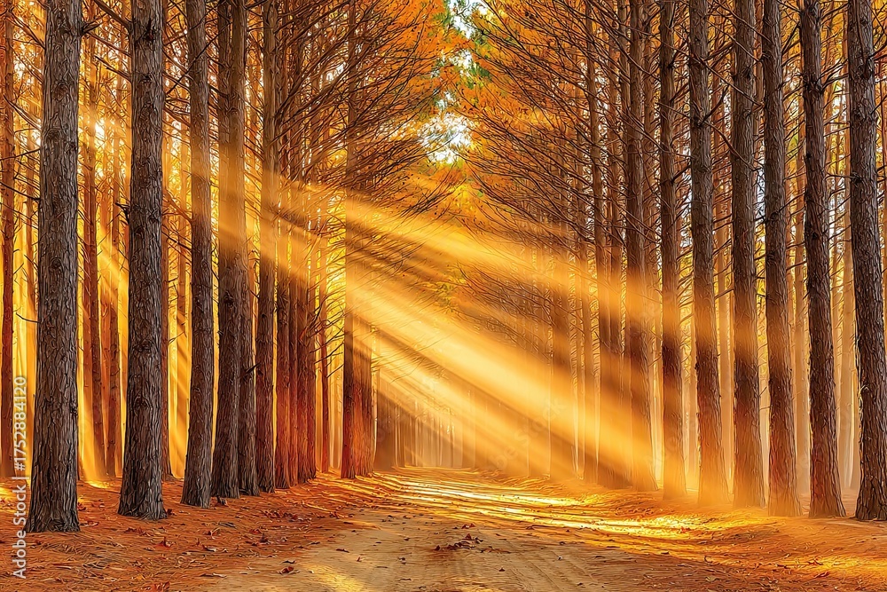 Obraz premium Forest path lined with trees bathed in radiant golden sunlight