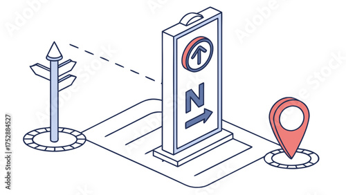 Isometric illustration of a road with a signpost, a directional sign and a location pin icon