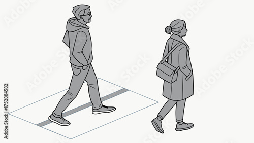 Illustration of a man in a hoodie walking on a crosswalk and a woman with a bag walking nearby