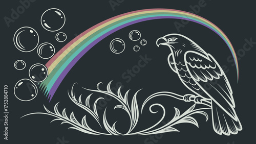 Eagle perched on a branch with a rainbow and bubbles on a dark background illustration design is here