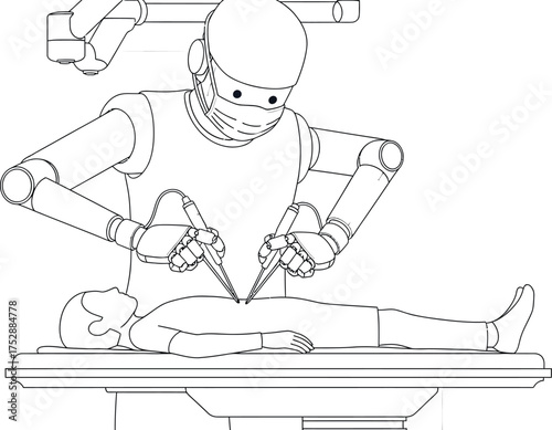 Robot performing surgery on a patient lying on a surgical table in a sterile environment setting room