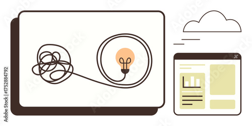 Tangled wire leads to glowing light bulb next to a browser window and cloud element. Ideal for innovation, creativity, organization, problem solving, digital planning, strategy, technology. Simple