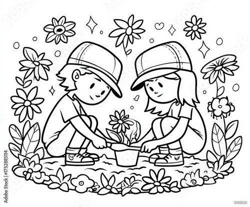 Kids planting flowers in a ...