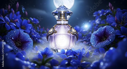 Fantasy Perfume Bottle Among Blue Flowers Under Moonlight