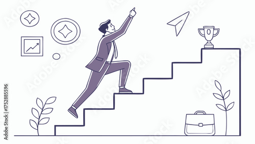 A businessman climbing stairs towards a trophy with business icons and a briefcase in a line drawing art