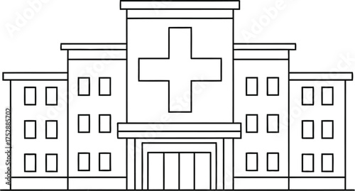 A black and white line drawing of a hospital building with a cross on the front facade design style