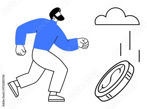 Man running towards a falling coin from a cloud, representing effort, opportunity, wealth pursuit. Ideal for finance, investment, saving, determination, goal success simple flat metaphor