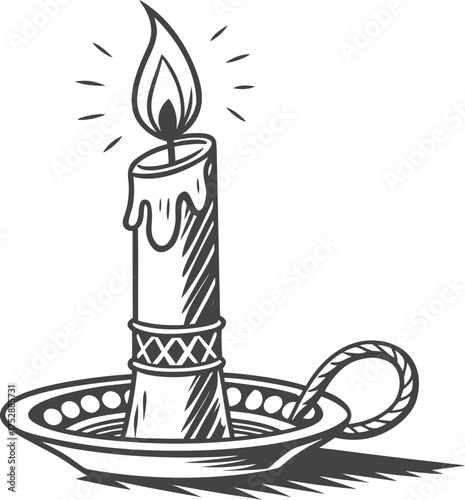 Single lit candle in ornate holder flame flickering emitting light symbolizing hope and warmth isolated on transparent background