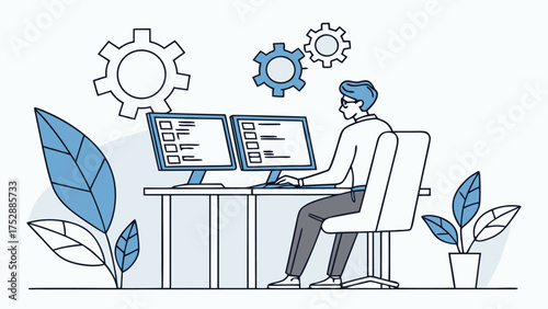 A man coding at a desk with two monitors and gears and plants in a clean modern illustration style