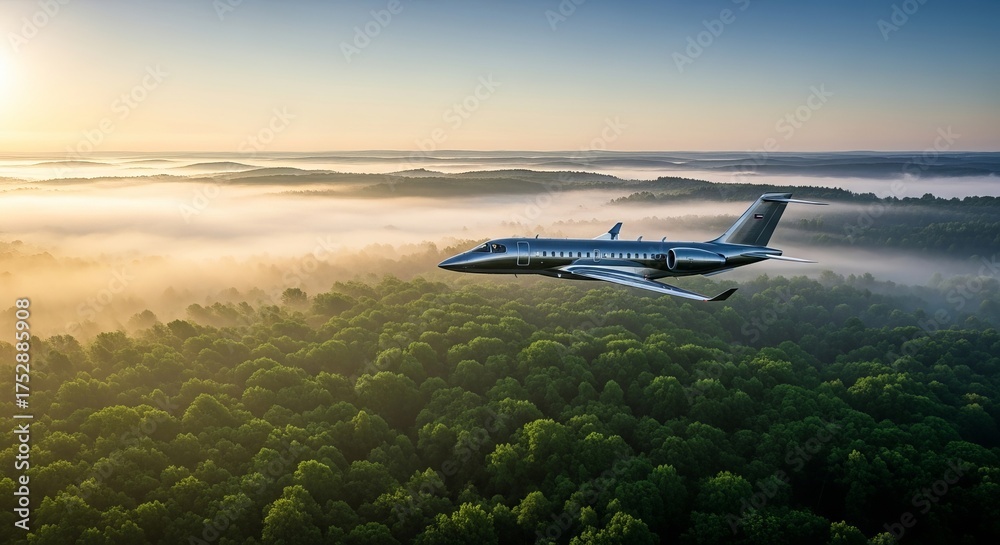 Fototapeta premium Luxury private jet flying over misty forest at sunrise