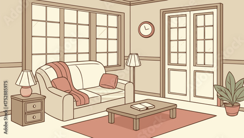 Illustration of a living room with a sofa, table, window, plant, and other furniture in a cozy setting