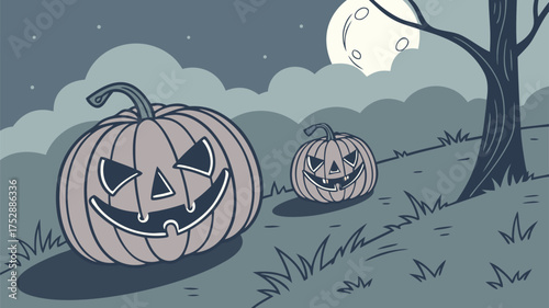 Two jack o lanterns under a full moon in a spooky halloween night scene with dark tree and cloudy sky view