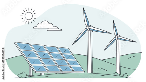 Solar panels and wind turbines generating renewable energy under the sun and a cloud in a landscape view