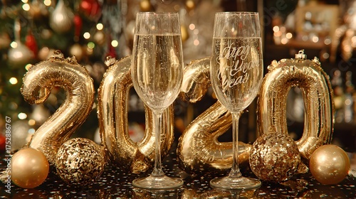 Wallpaper Mural Party scene with balloons shaped like “2026”, champagne splash, and glowing “Happy New Year” tex Torontodigital.ca