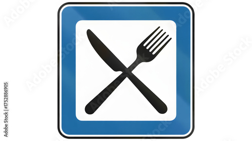 Find eateries with this sign: Modern road symbol indicating restaurants and dining available, perfect for travel guides and hospitality websites