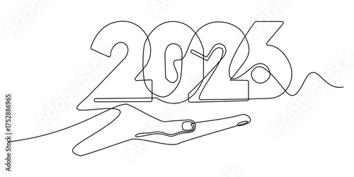 continuous line of hand with number 2026.symbol sign of welcome to year 2026.vector illustration of one line drawing.
