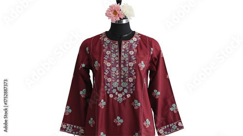 Elegant maroon embroidered kurta showcased with delicate floral accents, perfect for fashion editorials and cultural celebrations, sophisticated and timeless