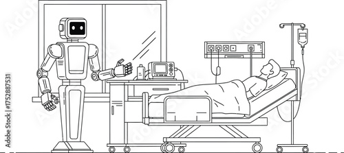 A robot tending to a patient in a hospital bed with medical equipment in a black and white line drawing