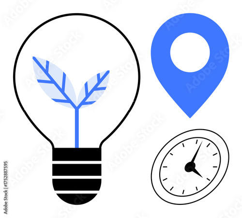 Lightbulb with a growing leaf, blue location pin, and clock face symbolizing environmental innovation, efficiency, growth, and focus. Ideal for eco-awareness, time management, innovation