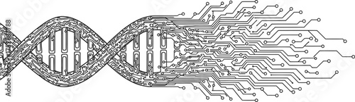 Dna strand transforming into circuit board lines on a white background in a digital art style