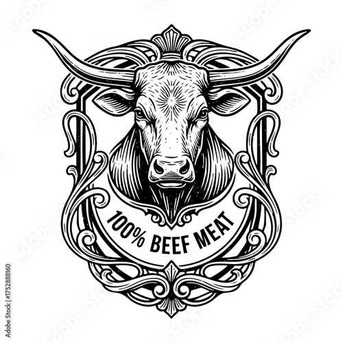 100% Beef Meat Label Engraving Vector Illustration