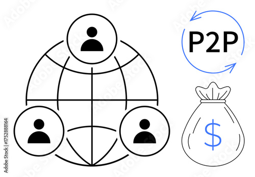 Three connected user icons in a global network, dollar bag icon, P2P arrows. Ideal for finance, networking, technology, collaboration, crowdsourcing globalization fintech. Simple flat metaphor