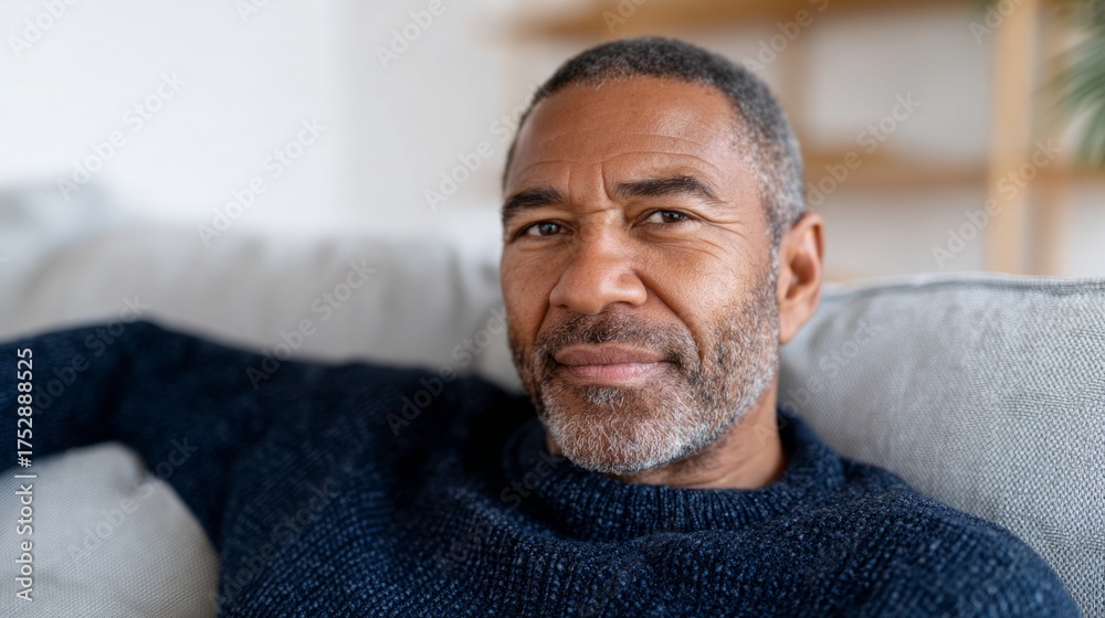 Fototapeta premium Man sitting on couch, smiling at camera.