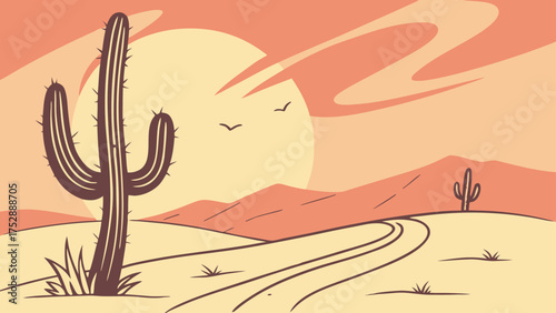 A desert landscape with a large cactus in the foreground and a setting sun with birds in the background