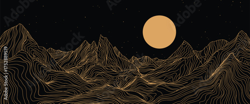 Landscape Wallpaper Design with Golden Mountain Line Arts – Luxury Background for Cover, Invitation, Packaging, Fabric Prints, Wall Decor, and Modern Vector Illustration