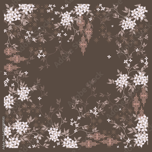 Simple leaf flower ornament pattern design for hijab scarf in brown color