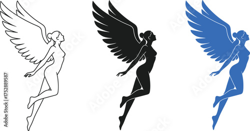 Graceful winged figure soaring with outstretched arms and serene expression