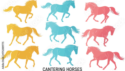 Nine colorful galloping horses in a dynamic, artistic display