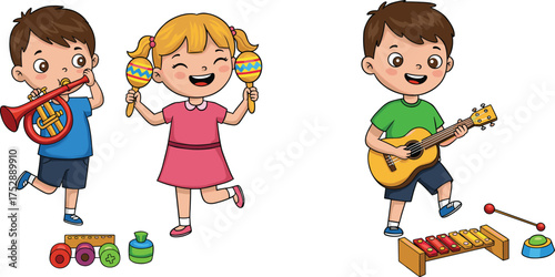 children, music, instruments, preschool, fun, play, guitar, xylophone, maracas, trumpet, toys, learning, 