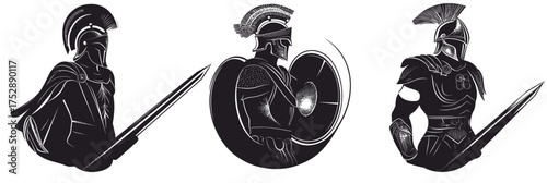 Ancient Greek Spartan Warrior vector set featuring helmeted soldiers with crested helmets shields spears in minimalist black and white flat design illustration